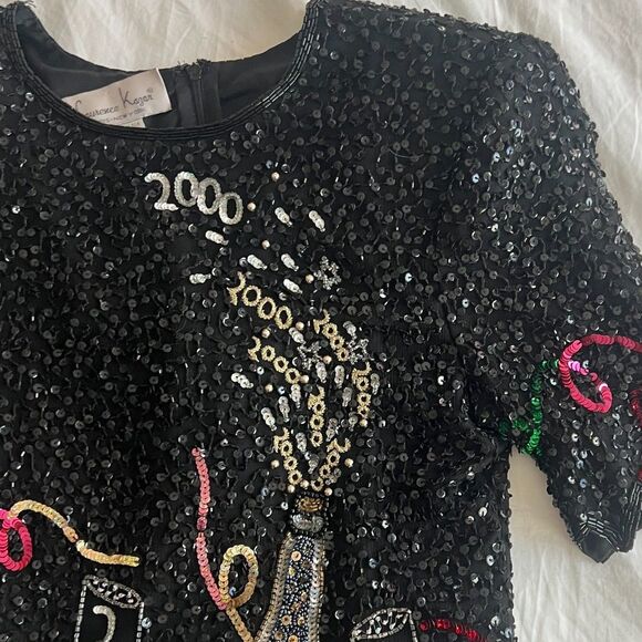 VTG Sz L Lawrence Kazar Silk Sequined New Years 2000 top shoulder pads y2k - Picture 13 of 16